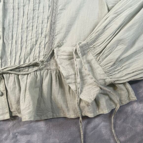 Pastel sage green cotton peasant top XL long blouson sleeves peplum cottage boho - Picture 3 of 9